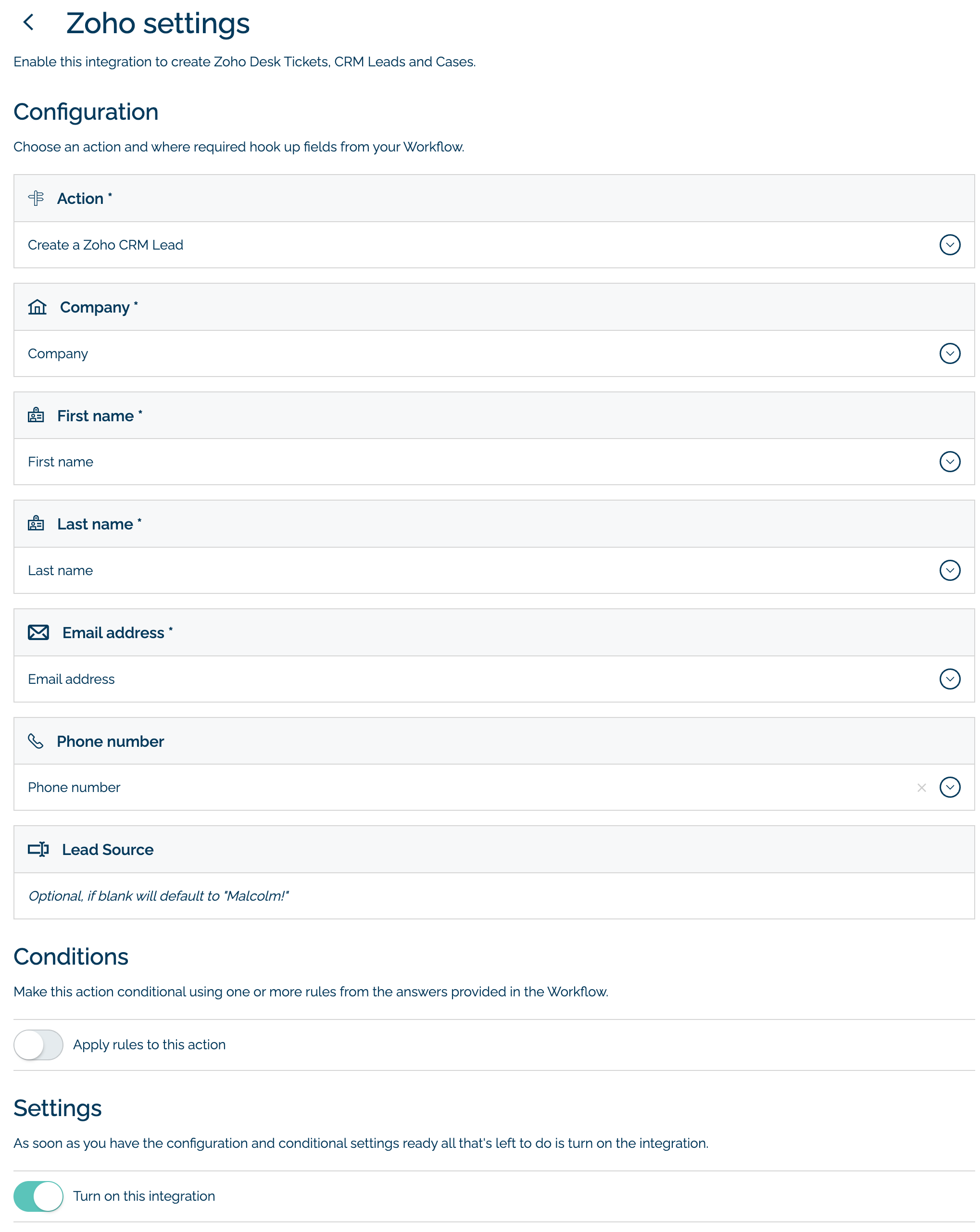 Setting up a Zoho integration in MyMalcolm