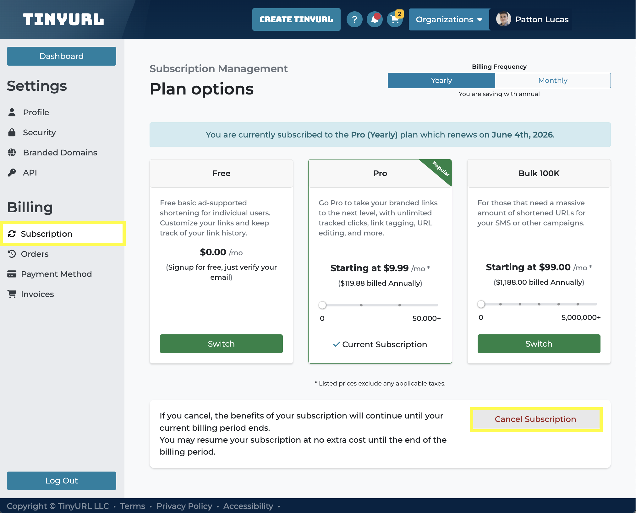 Settings - OLD Cancel Subscription