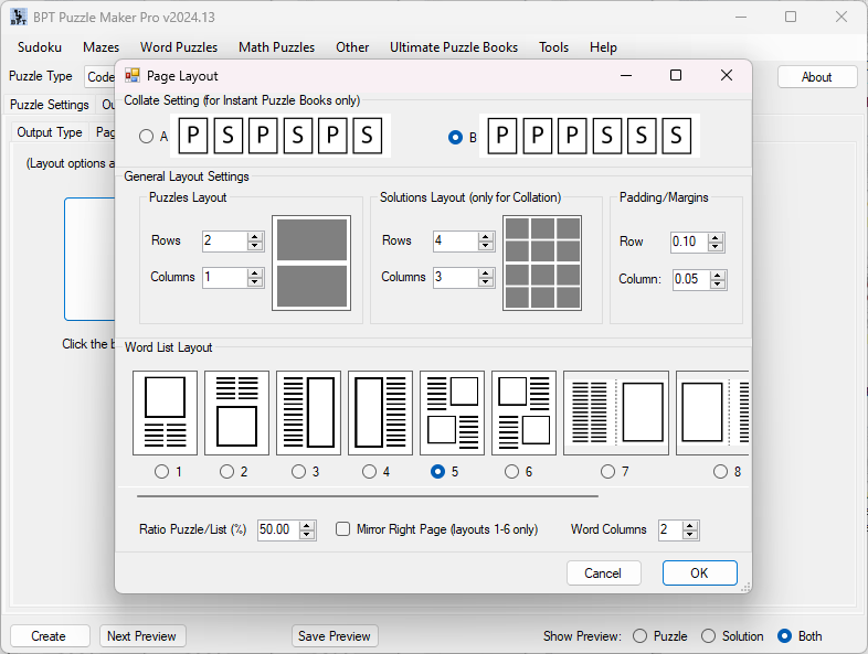 Instant Puzzle Books - Page Layout Window