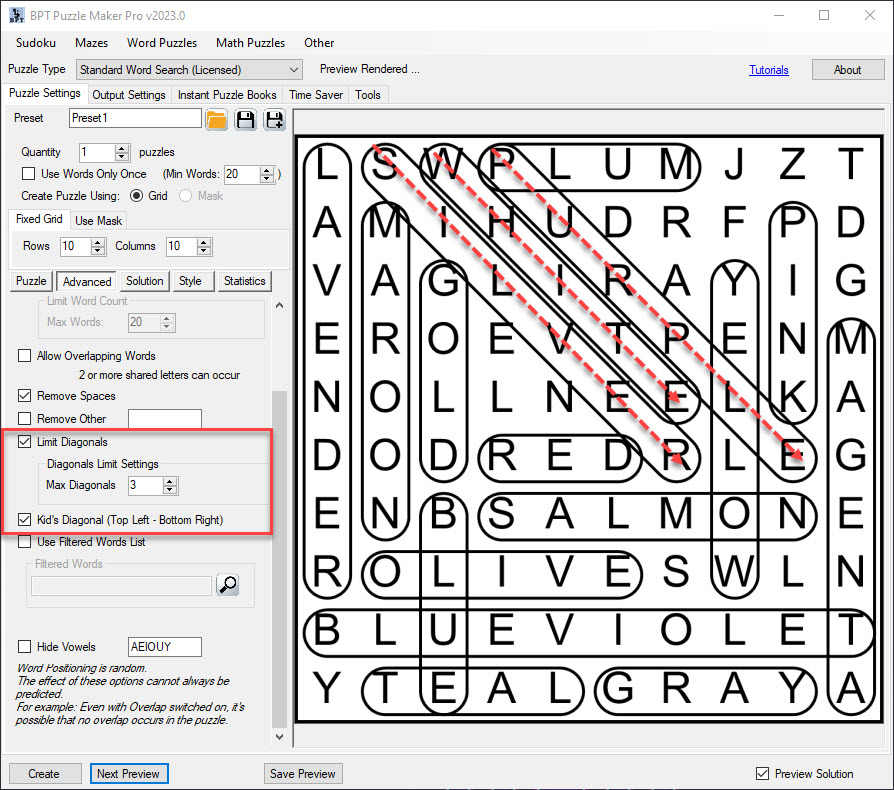 Kids diagonals wordsearch