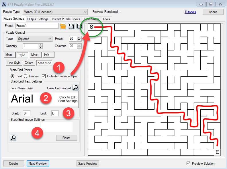 Mazes 2D Squares - StartEnd Options