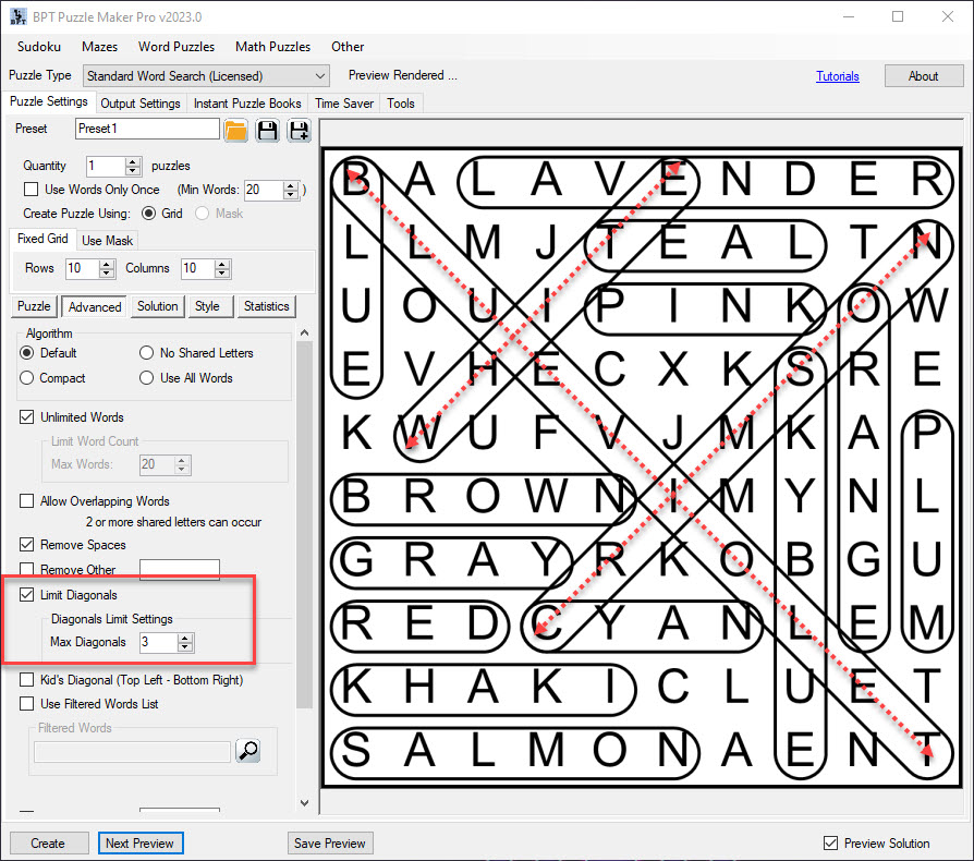 Set amount of diagonals word search