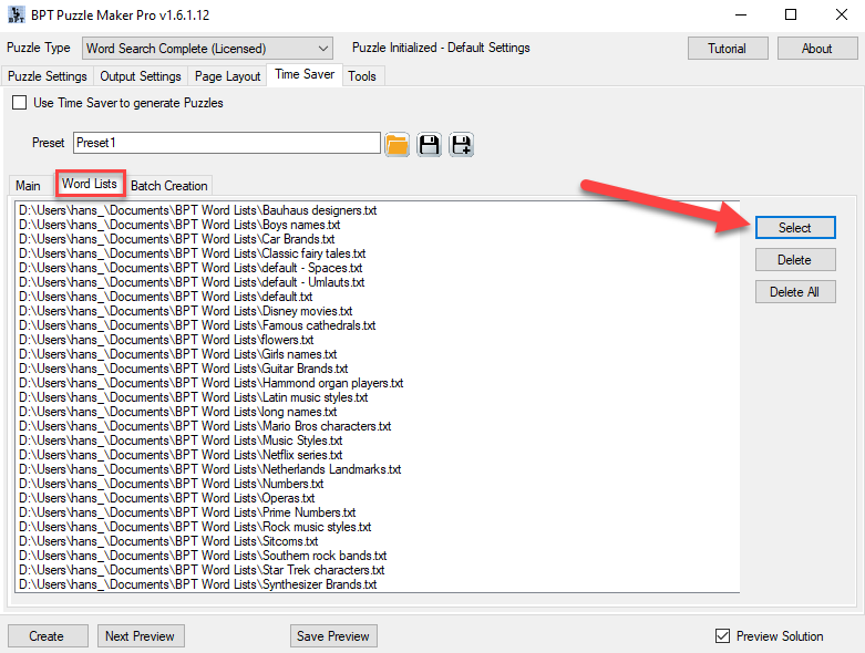 Time Saver for Word Search - selecting word lists