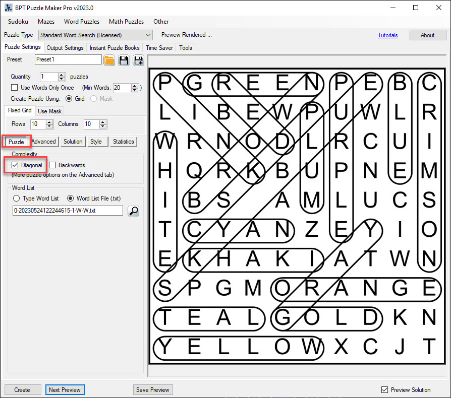 Adding diagonals in word search