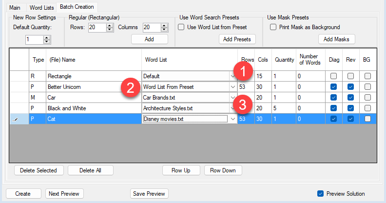 Word Search TS2 - Word List in Row