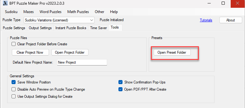 Tools tab Open Preset Folder