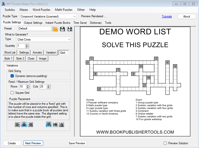 Crossword Variations - Criss Cross Grid 10x25