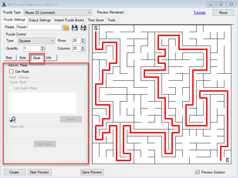 Mazes 2D Squares - Mask Tab