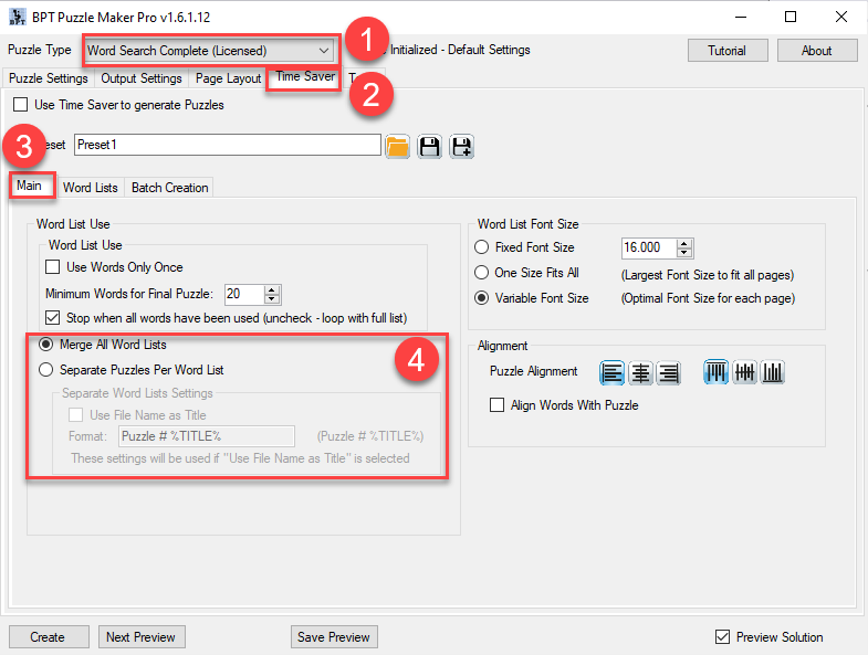 Time Saver for Word Search - Main tab overview