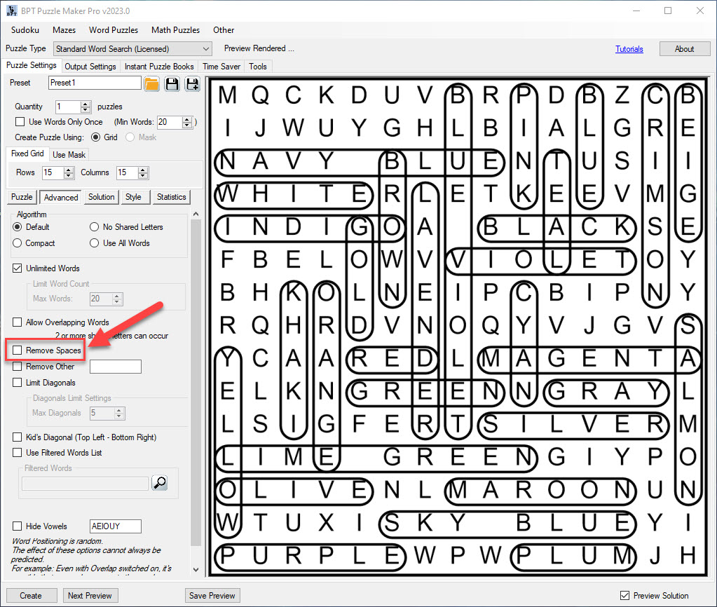 Word Search remove spaces