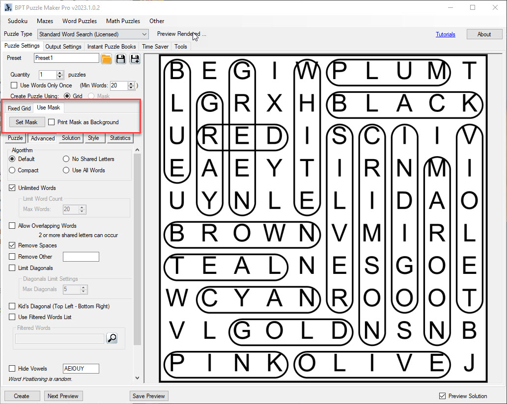 Word Search use mask