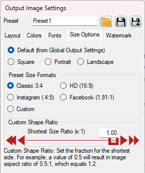 Image Settings - Size Options