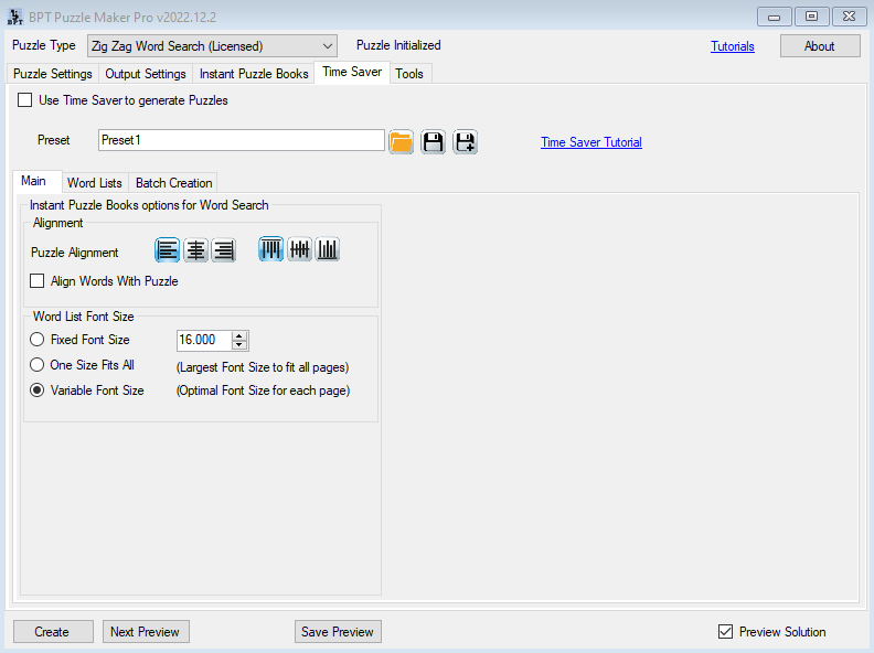 Zig Zag Word Search Time Saver Main Settings