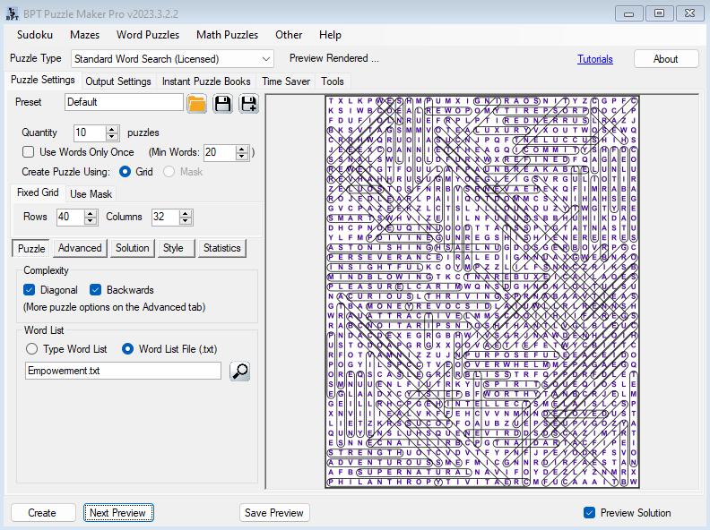 full page word search preview