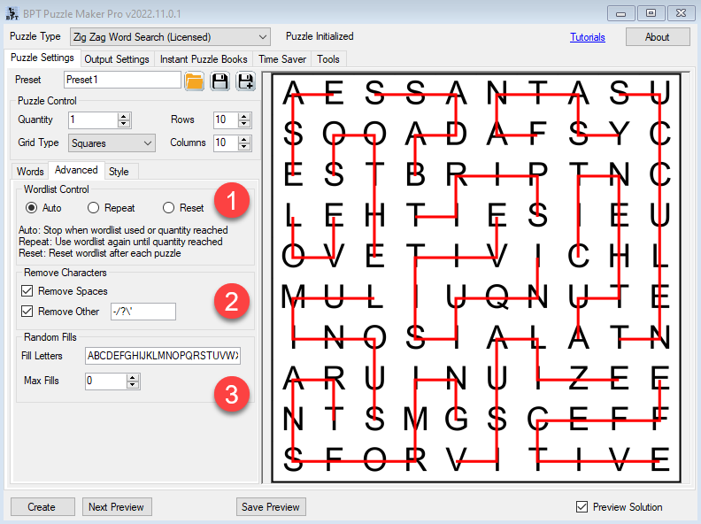 Zig Zag Word Search Advanced Options