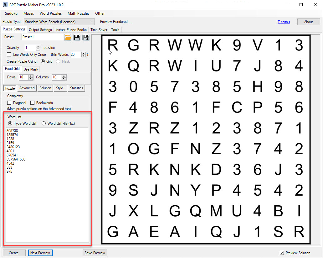 Word Search with Numbers